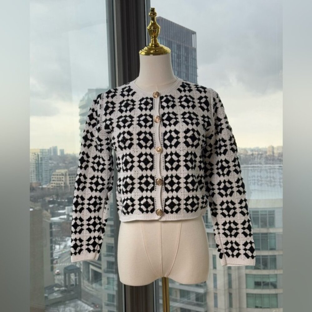 🆕 FARM Rio 🧿 NWT Patch Crochet Black & White Monochrome Button Up Jacket, Sz M - Picture 10 of 15
